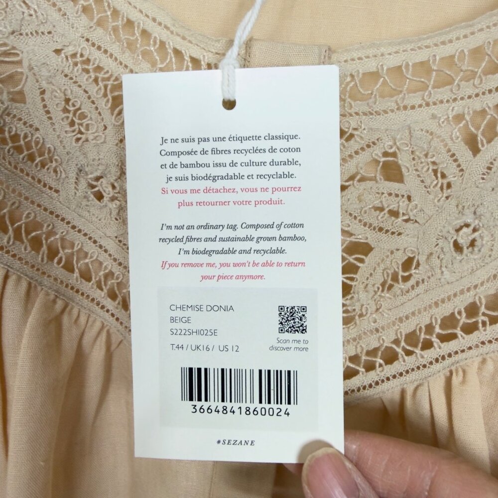 NWT Sézane Donia Blouse Beige Linen/Cotton Blend Lace Long Sleeve T44/UK16/US - Picture 3 of 16